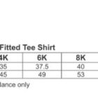 Size chart for kids cotton tee with half chest and body length in cm for sizes 2K–14K.
