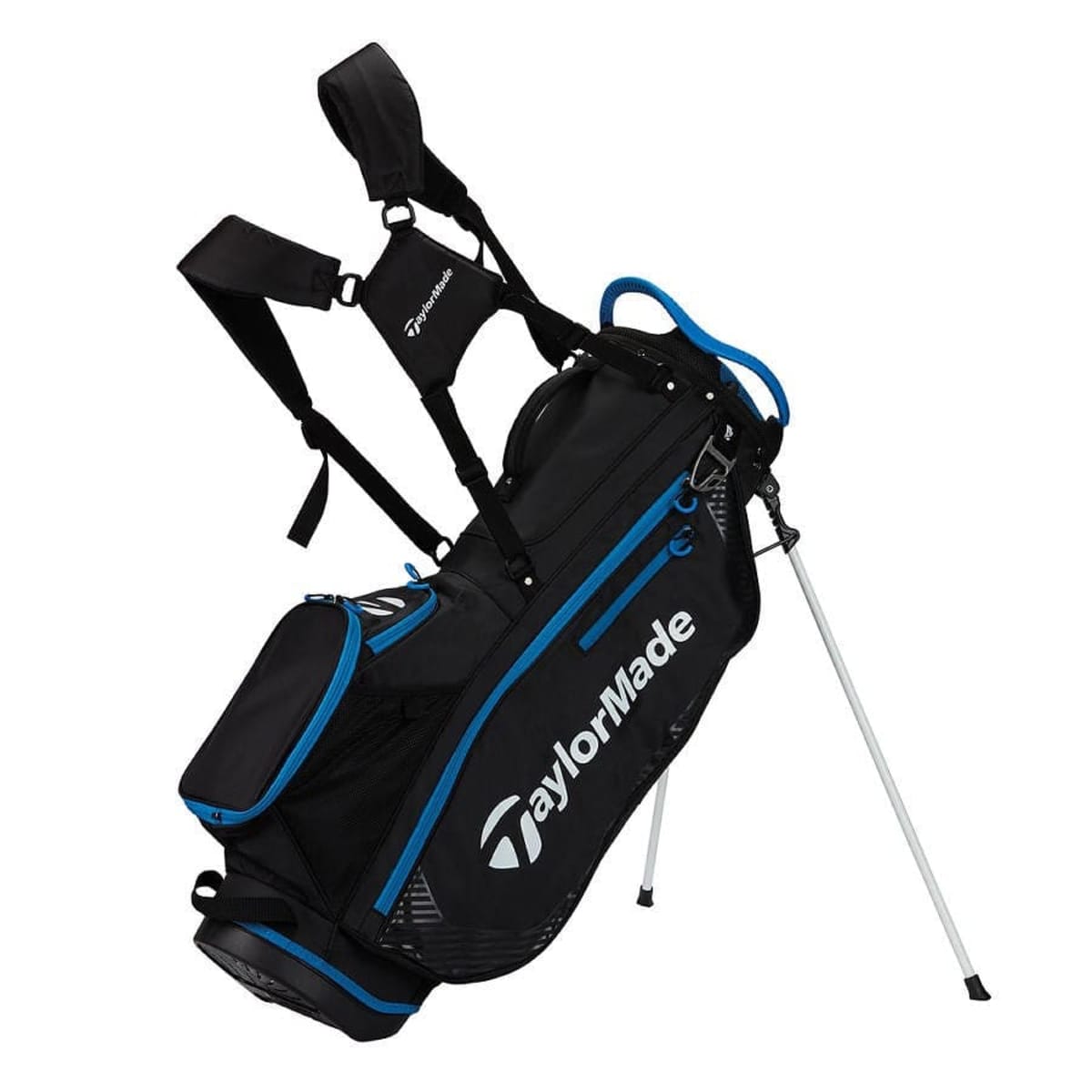 A black and blue TaylorMade golf stand bag with multiple compartments and adjustable shoulder straps. The bag is propped up on its two silver legs, and the brand logo is prominently displayed on the side.