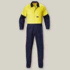 Explorer Shield coveralls in yellow and navy blue shown on a plain background.