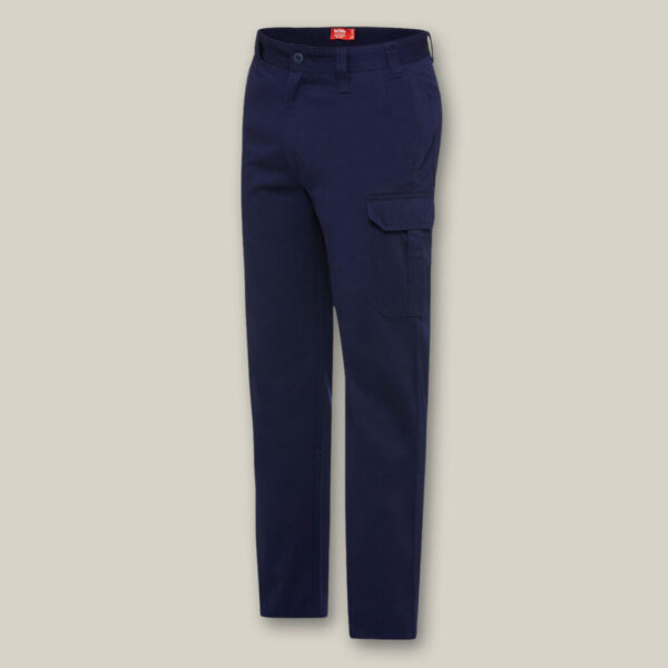 Explorer Shield navy cargo pants with side pocket, shown on a beige background.