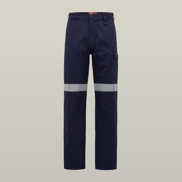 Explorer Shield navy work pants with reflective stripes above the knees.