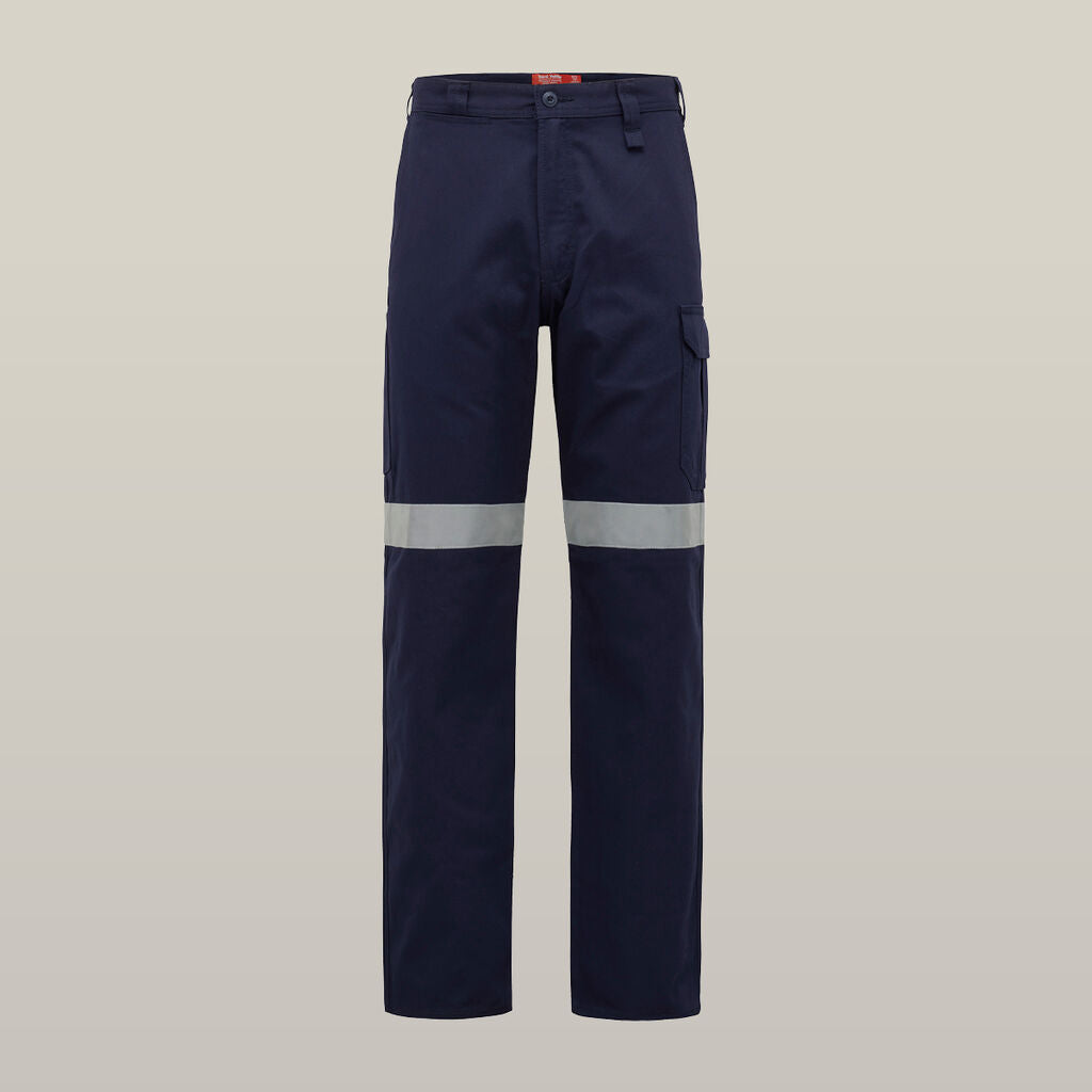 Explorer Shield navy work pants with reflective stripes above the knees.