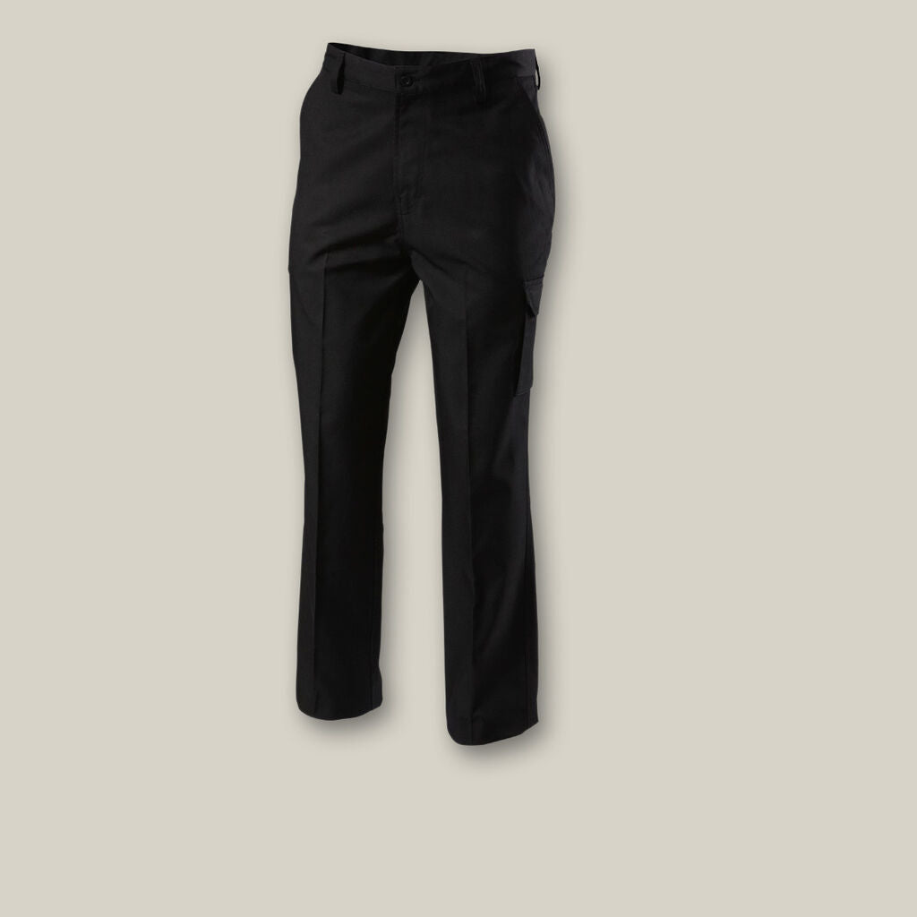 Black cargo pants are shown against a plain beige background. Featuring large side pockets and a button closure, they blend style with utility, ideal for an adventurous day or jotting notes in your Emz A5 Notebook while on the move.