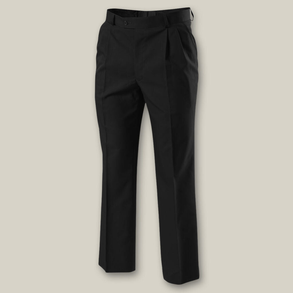 Black dress pants with pleats stand out against a light gray backdrop, showcasing a classic tailored design with belt loops and button closures at the waistband. Theyre as essential to your wardrobe as the Emz A5 Notebook is for capturing your ideas.