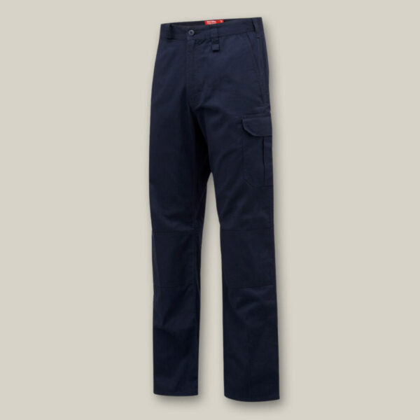 Explorer Shield navy cargo pants with side pocket on a plain beige background.