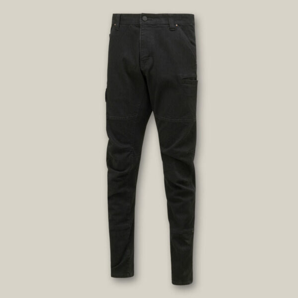 Black slim-fit Explorer Shield cargo pants with multiple pockets on a beige background.