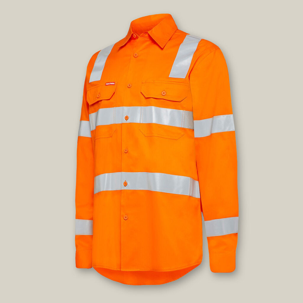 Explorer Shield shirt in bright orange with silver reflective stripes on chest, sleeves, and back.