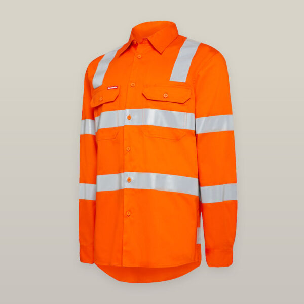 Explorer Shield bright orange shirt with reflective stripes on chest and arms.