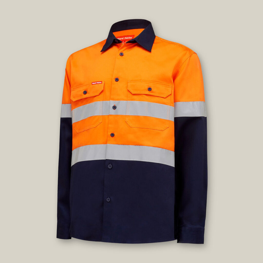 Explorer Shield hi-vis long-sleeve work shirt, orange/navy with reflective stripes.