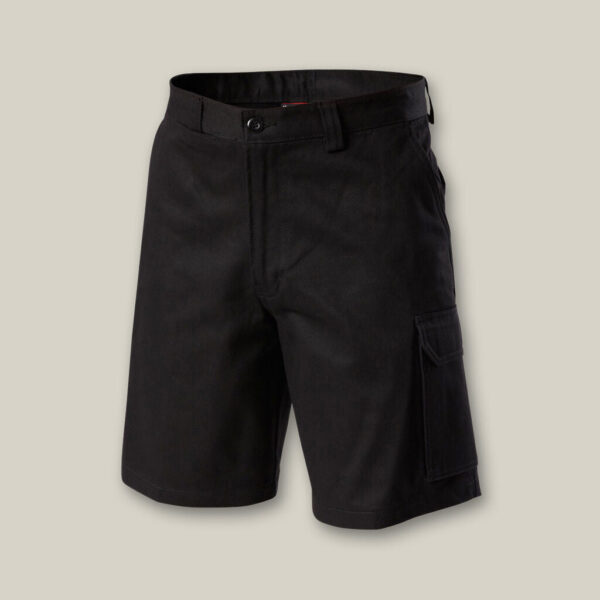 Explorer Shield black work shorts with pockets shown on a plain beige background.
