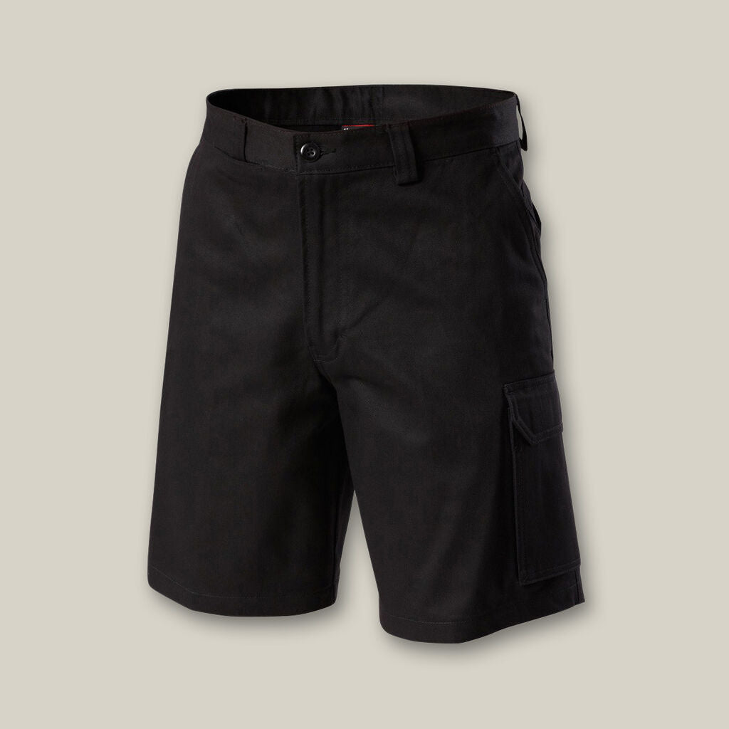 Explorer Shield black work shorts with pockets shown on a plain beige background.