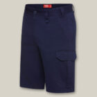 Explorer Shield navy cargo shorts with side pockets shown on a beige background.
