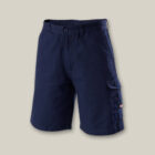 A pair of navy blue cargo shorts is shown against a gray backdrop, echoing the sleek style of an Emz A5 Notebook. The shorts have multiple pockets, including a side cargo pocket, and close with a button and zipper.