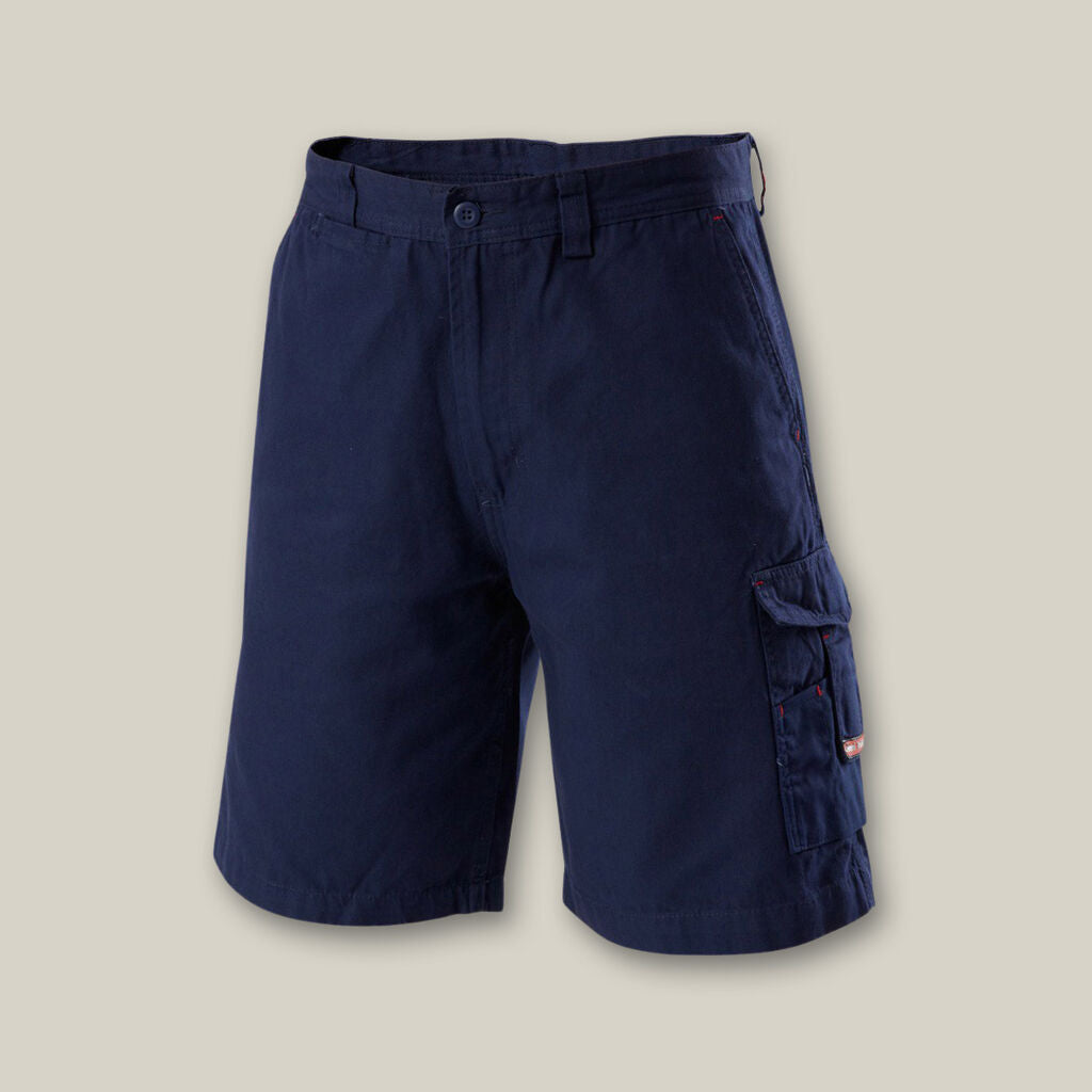 A pair of navy blue cargo shorts is shown against a gray backdrop, echoing the sleek style of an Emz A5 Notebook. The shorts have multiple pockets, including a side cargo pocket, and close with a button and zipper.