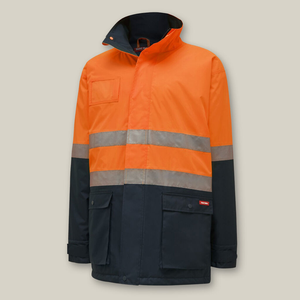Explorer Shield jacket in orange/navy with silver reflective stripes for high visibility.