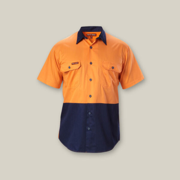 Orange and navy Explorer Shield short-sleeve shirt with two chest pockets.