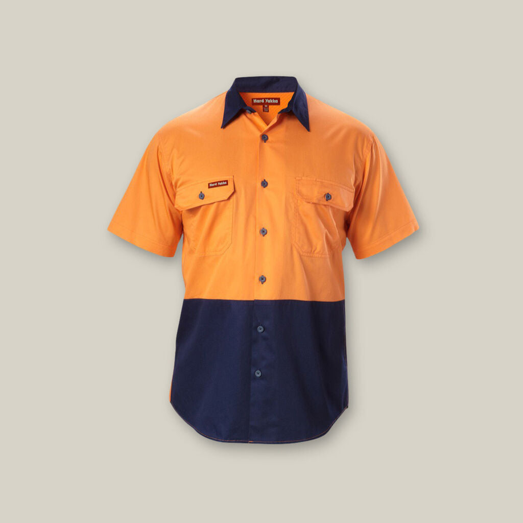 Orange and navy Explorer Shield short-sleeve shirt with two chest pockets.