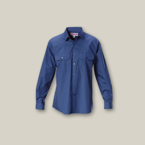 Explorer Shield blue long-sleeve shirt with two chest pockets, shown on a plain background.