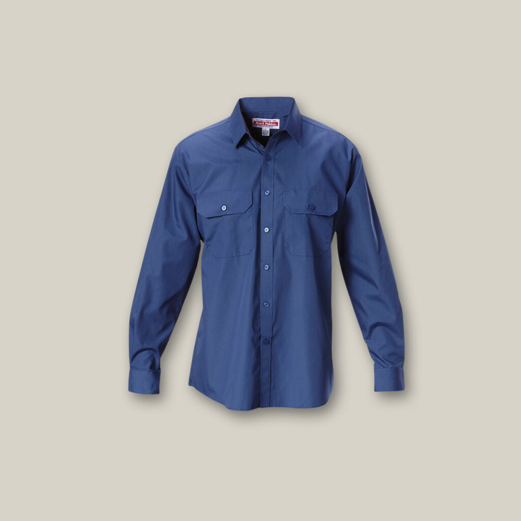Explorer Shield blue long-sleeve shirt with two chest pockets, shown on a plain background.