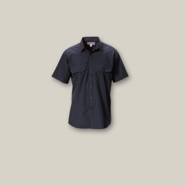 Black short-sleeve Explorer Shield shirt with 2 chest pockets on beige background.