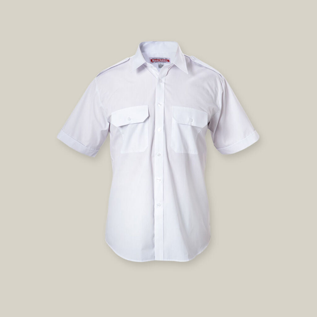 Explorer Shield short-sleeve shirt with two chest pockets, white on plain background.
