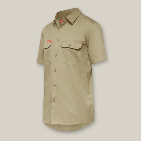 Khaki short-sleeve button-up with two chest pockets and the Explorer Shield logo.
