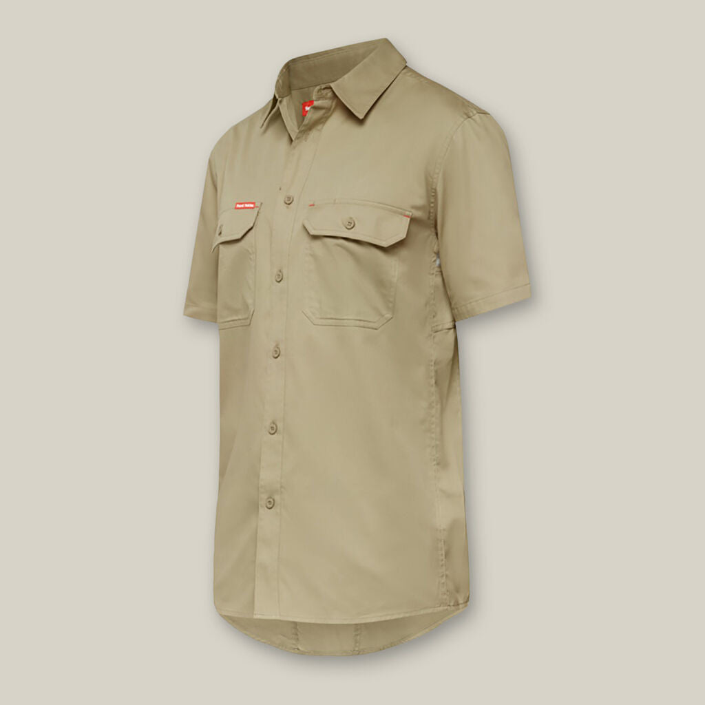 Khaki short-sleeve button-up with two chest pockets and the Explorer Shield logo.