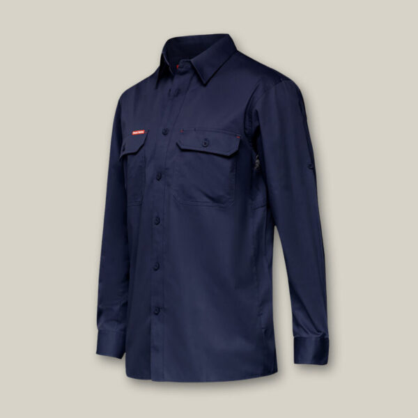 Neatly pressed navy blue button-up shirt with long sleeves and two chest pockets, shown against a light gray backdrop; its classic and professional design perfectly complements the Emz A5 Notebook.