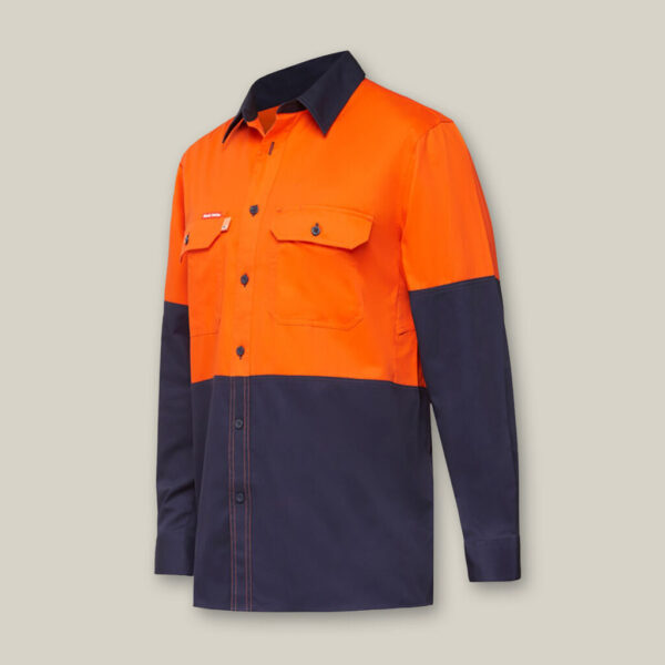 Explorer Shield hi-vis orange/navy work shirt with long sleeves and front pockets.