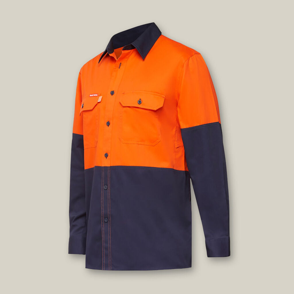 Explorer Shield hi-vis orange/navy work shirt with long sleeves and front pockets.