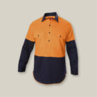 Explorer Shield long-sleeve work shirt in hi-vis orange/navy with buttoned pockets.