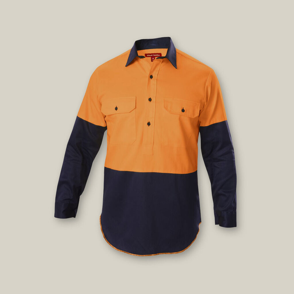 Explorer Shield long-sleeve work shirt in hi-vis orange/navy with buttoned pockets.
