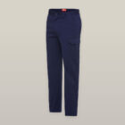 Navy Explorer Shield cargo pants with side pocket on a light beige background.