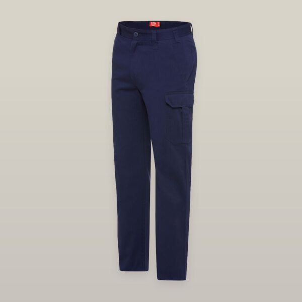 Navy Explorer Shield cargo pants with side pocket on a light beige background.