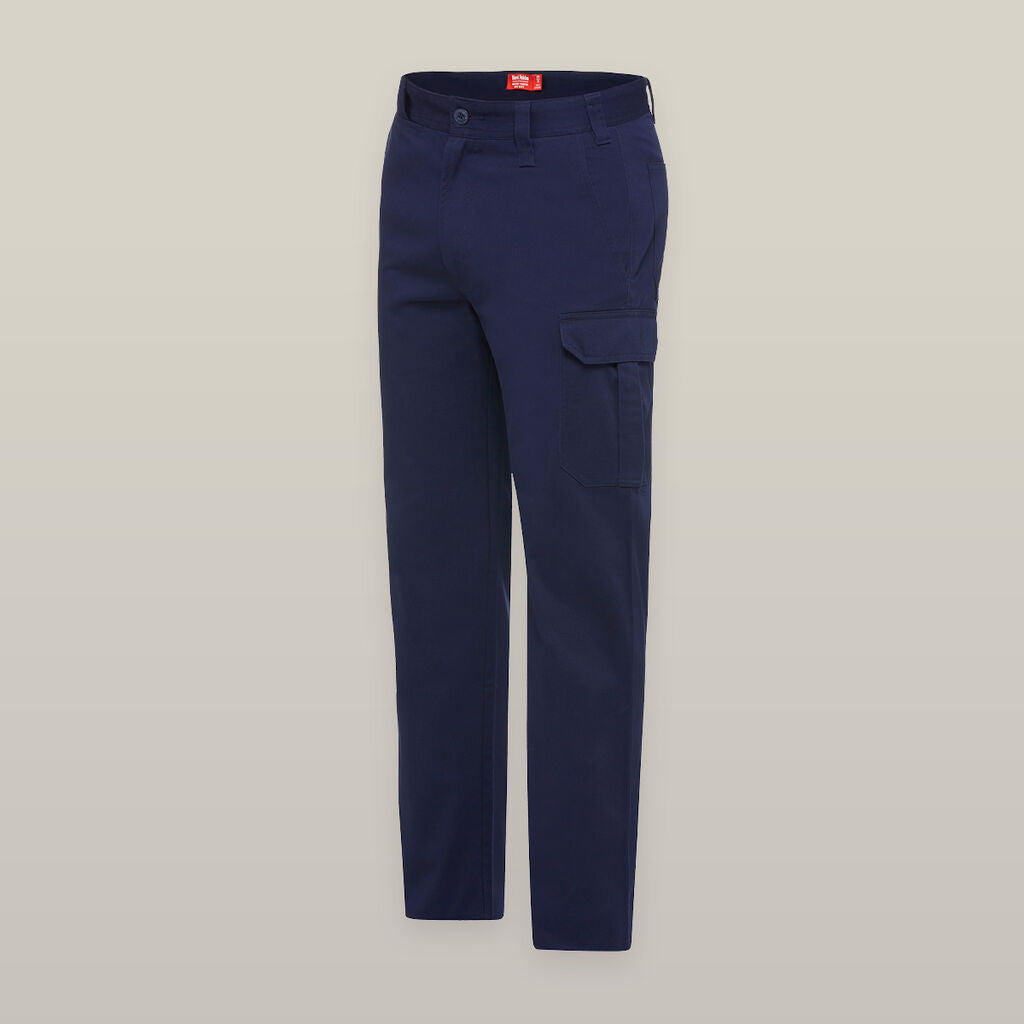 Navy Explorer Shield cargo pants with side pocket on a light beige background.