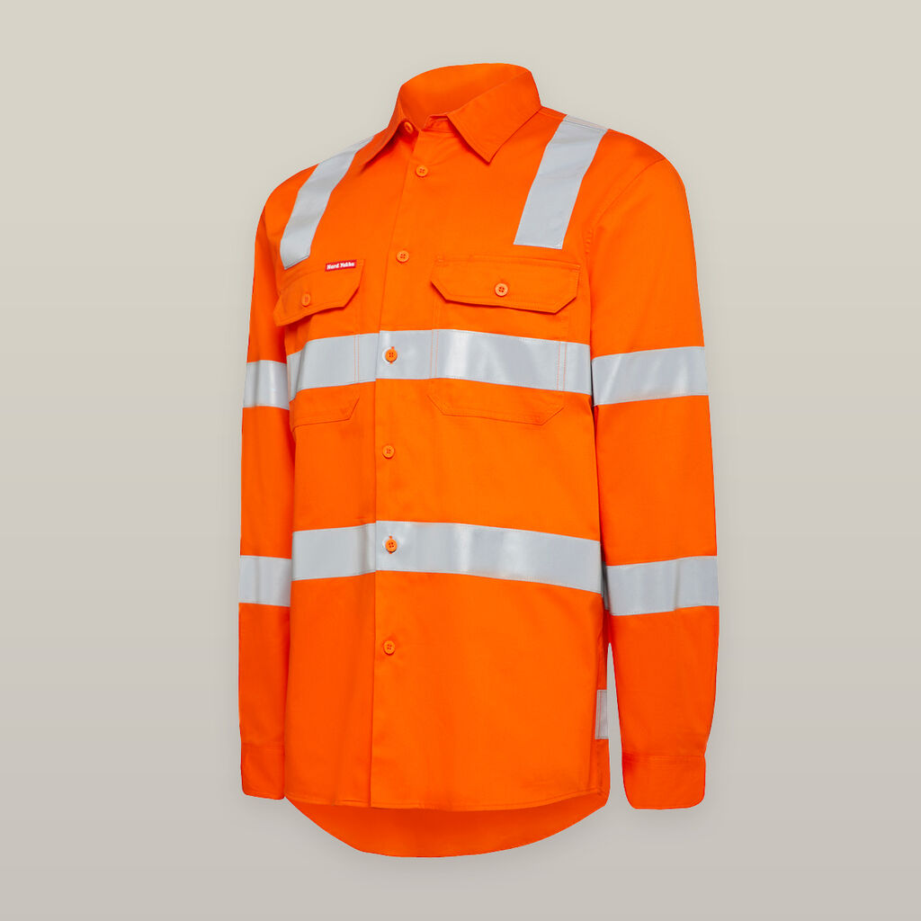 Explorer Shield shirt in bright orange with reflective silver safety stripes.