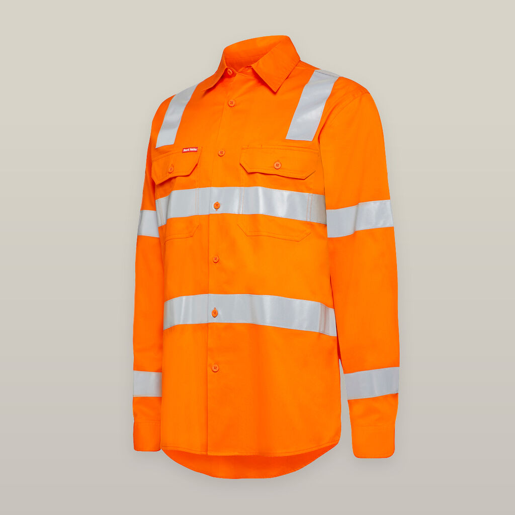 Bright orange Explorer Shield shirt with chest pockets and reflective stripes.