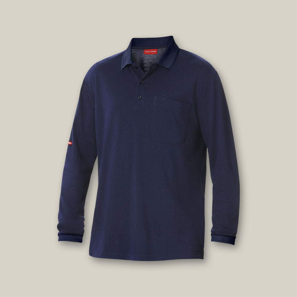 Explorer Shield navy long-sleeve polo with chest pocket and emblem.
