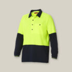 Explorer Shield hi-vis yellow/navy long-sleeve polo with collar and chest pocket.