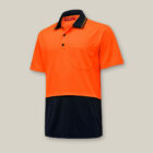 Orange and black Explorer Shield polo with pocket and black collar details.