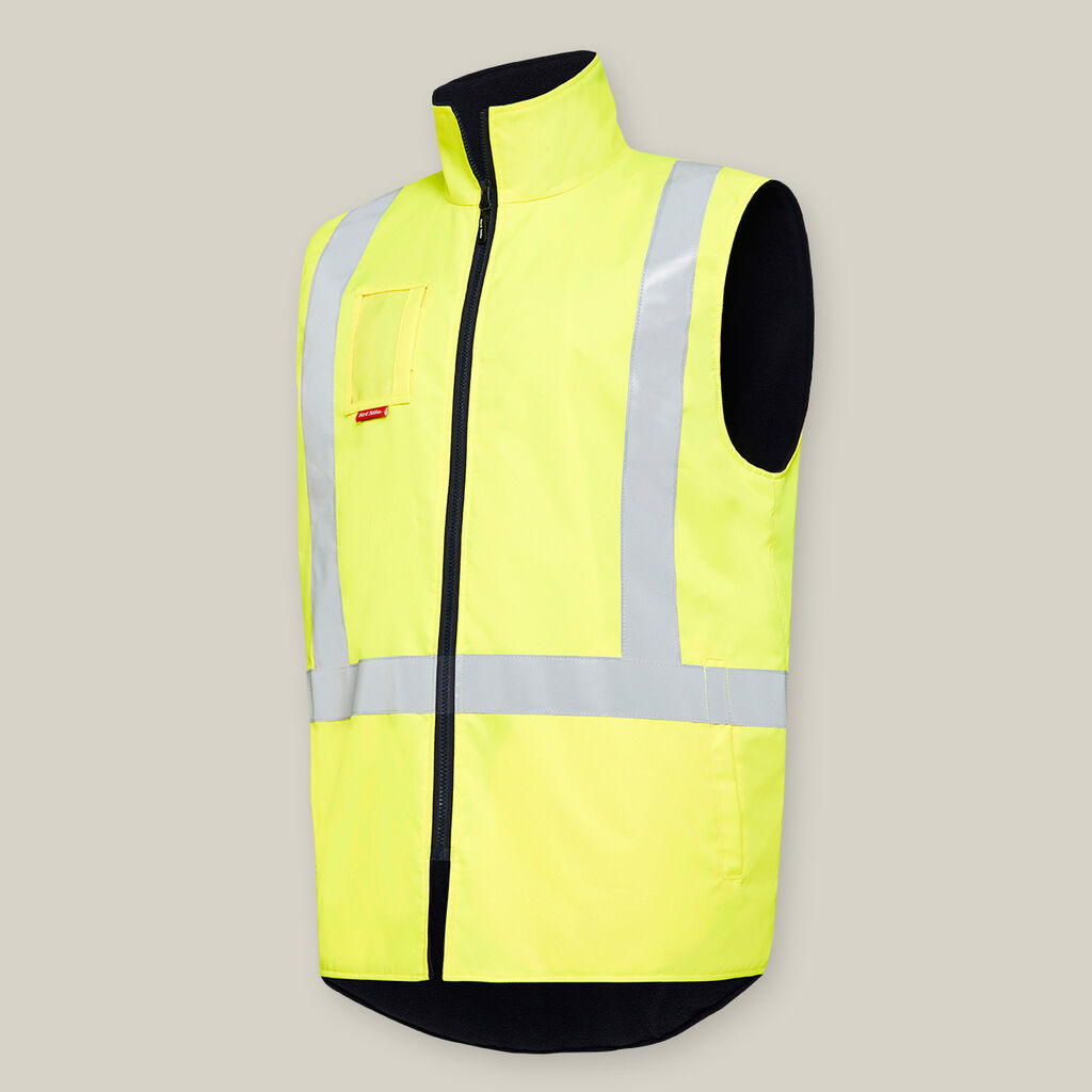 The high-visibility yellow safety vest features reflective silver stripes, a front zipper, and a chest pocket ideal for an Emz A5 notebook. Its sleeveless design pops against plain backgrounds.