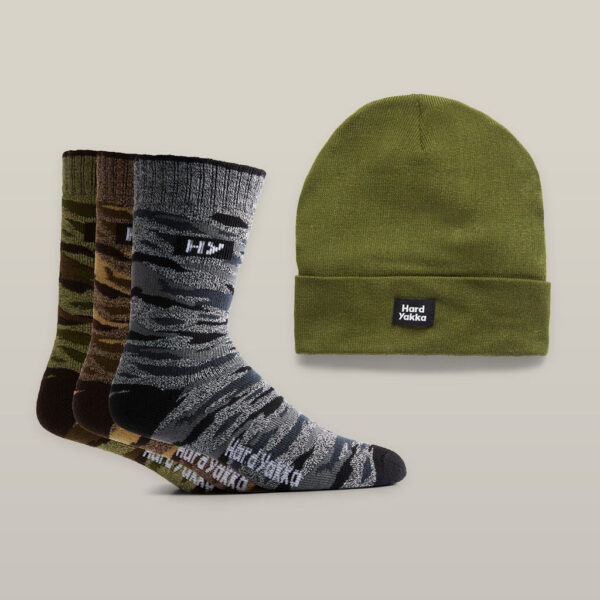 Three pairs of camouflage socks and a green Explorer Shield beanie by Hard Yakka.