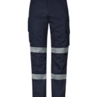 Navy work pants with cargo pockets and reflective safety stripes on the legs.