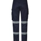 Navy cargo pants with reflective stripes around the legs, viewed from the back.