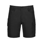 Black cargo shorts with front button and side pockets, displayed on a plain white background.
