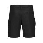 Back view of black cargo shorts with side pockets and belt loops.