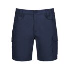 Navy blue cargo shorts with side pockets, front button, and belt loops.