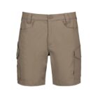 Khaki cargo shorts with side pockets, front button, and belt loops.
