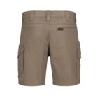Back view of tan cargo shorts with pockets and belt loops.