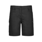 Black cargo shorts with side pockets, front button, and belt loops, shown on a white background.